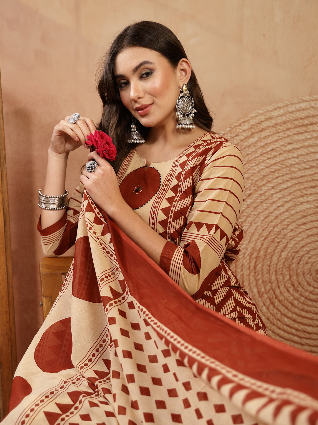 Printed Cotton A-Line Kurta Palazzo Dupatta Set