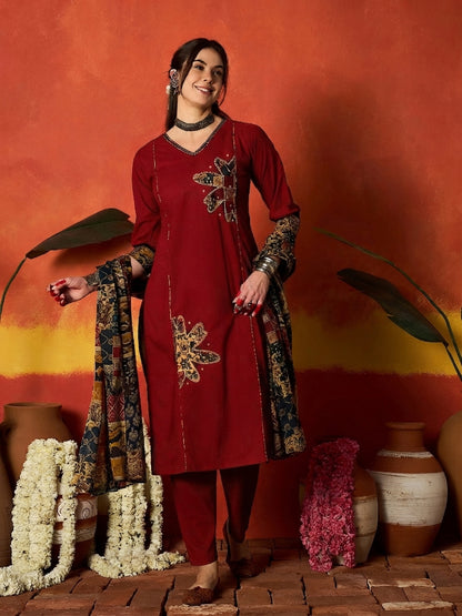 Solid Cotton Straight Kurta Pant Dupatta Set