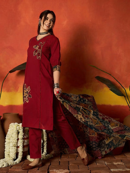 Solid Cotton Straight Kurta Pant Dupatta Set