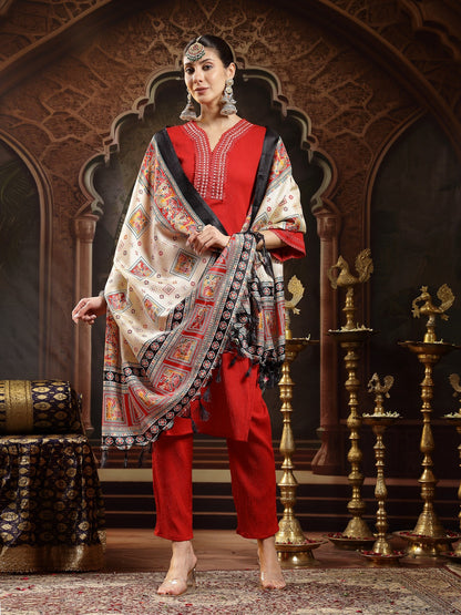 Red Solid & Embroidered Crepe Straight Kurta Pant Dupatta Set