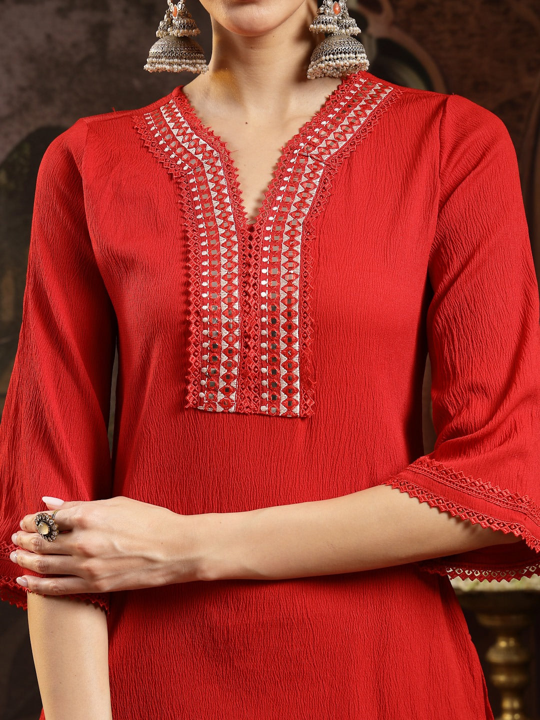Red Solid & Embroidered Crepe Straight Kurta Pant Dupatta Set