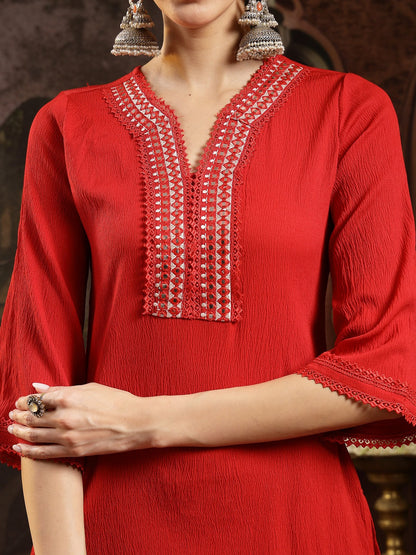 Red Solid & Embroidered Crepe Straight Kurta Pant Dupatta Set