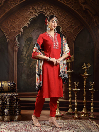 Red Solid & Embroidered Crepe Straight Kurta Pant Dupatta Set