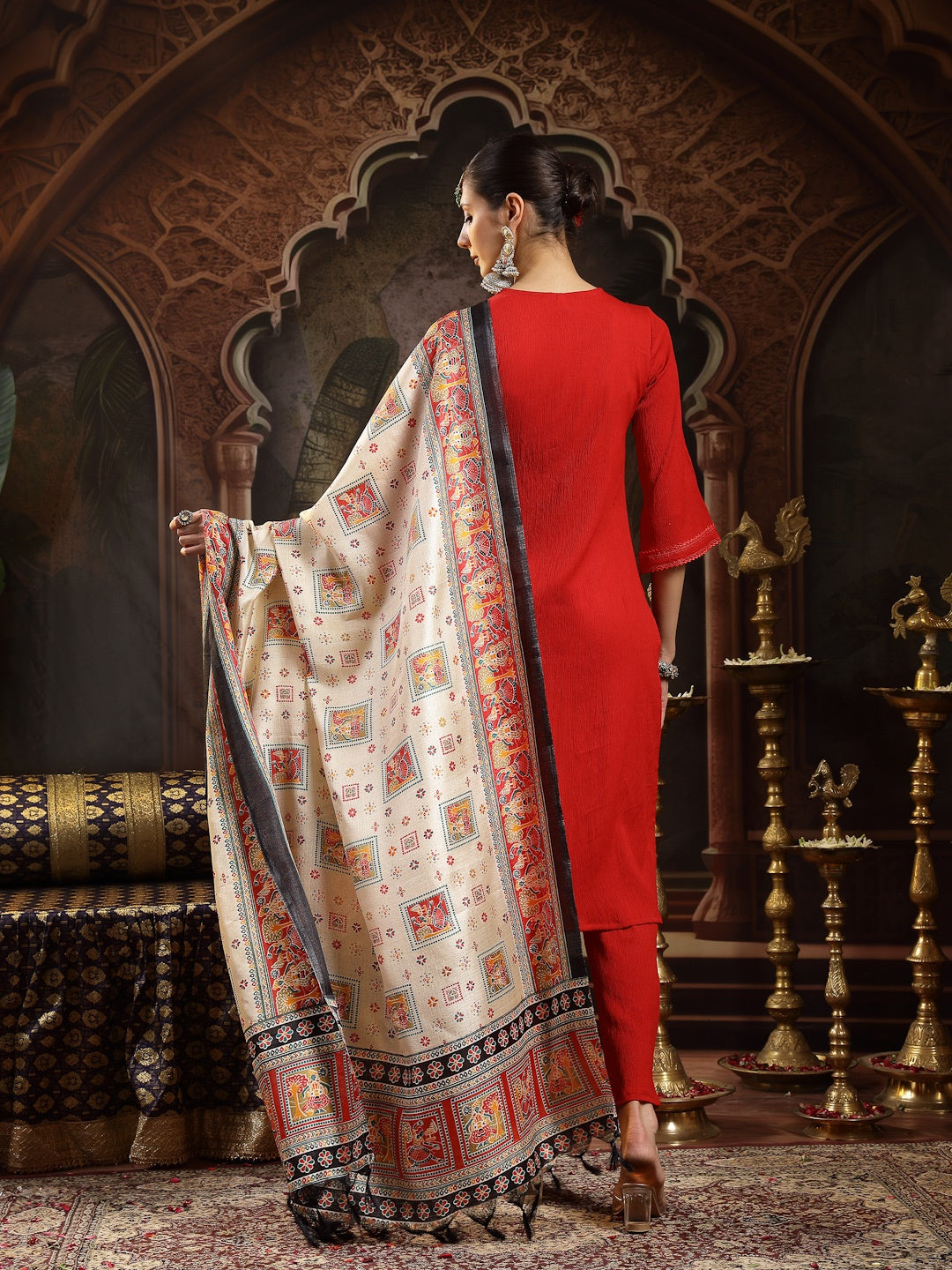 Red Solid & Embroidered Crepe Straight Kurta Pant Dupatta Set