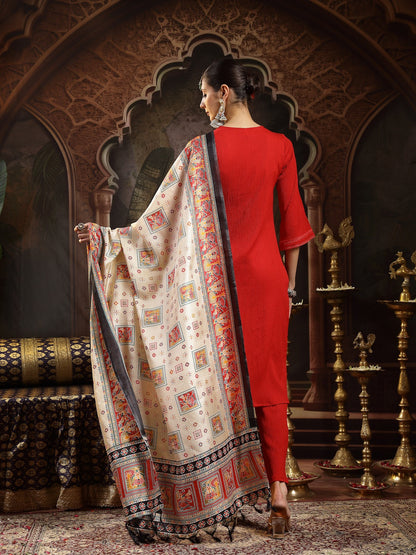 Red Solid & Embroidered Crepe Straight Kurta Pant Dupatta Set