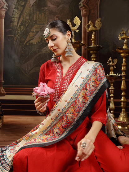 Red Solid & Embroidered Crepe Straight Kurta Pant Dupatta Set