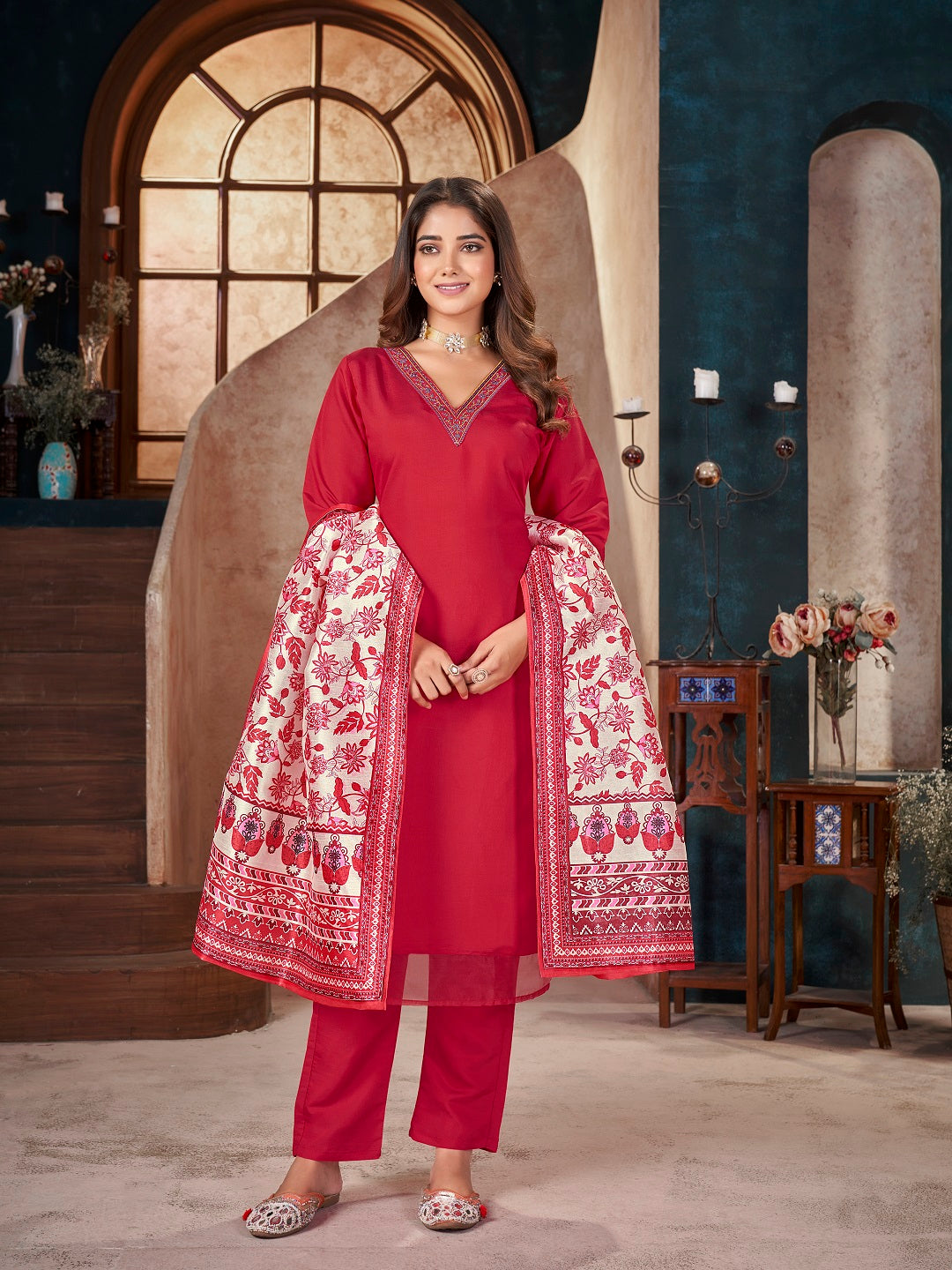 Red Solid & Embroidered Silk Straight Kurta Pant Dupatta Set (Pre-Order)