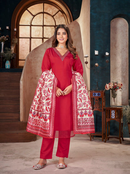 Red Solid & Embroidered Silk Straight Kurta Pant Dupatta Set (Pre-Order)