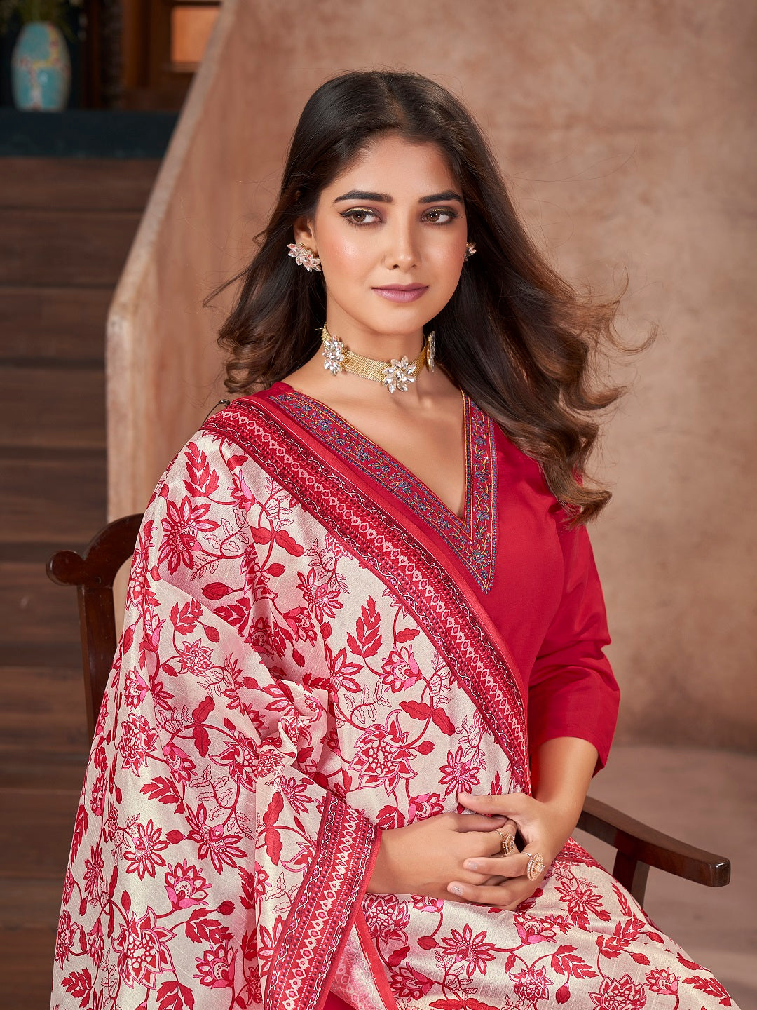 Red Solid & Embroidered Silk Straight Kurta Pant Dupatta Set (Pre-Order)