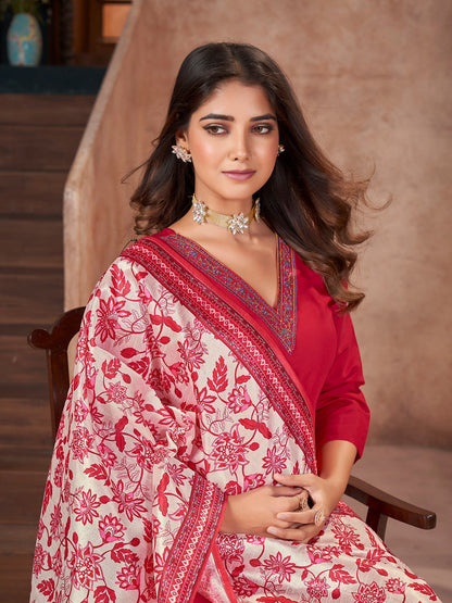 Red Solid & Embroidered Silk Straight Kurta Pant Dupatta Set (Pre-Order)