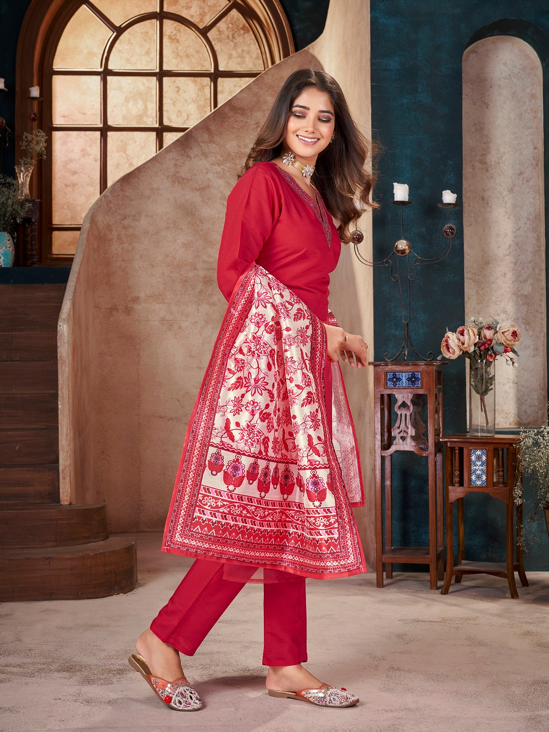 Red Solid & Embroidered Silk Straight Kurta Pant Dupatta Set (Pre-Order)