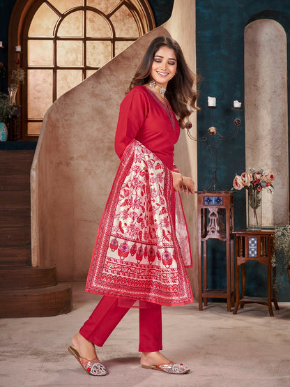 Red Solid & Embroidered Silk Straight Kurta Pant Dupatta Set (Pre-Order)