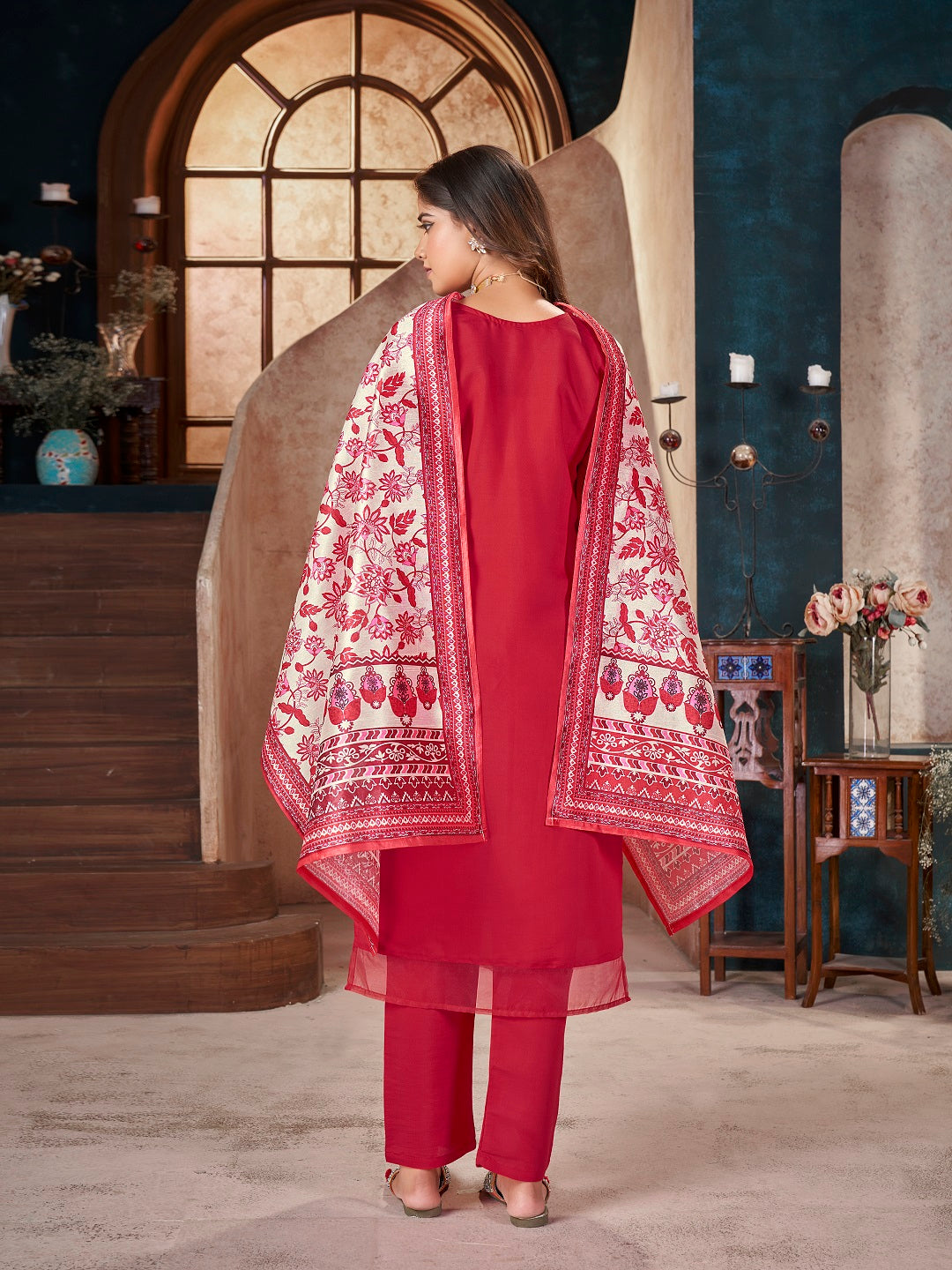 Red Solid & Embroidered Silk Straight Kurta Pant Dupatta Set (Pre-Order)