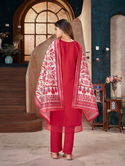 Red Solid & Embroidered Silk Straight Kurta Pant Dupatta Set (Pre-Order)