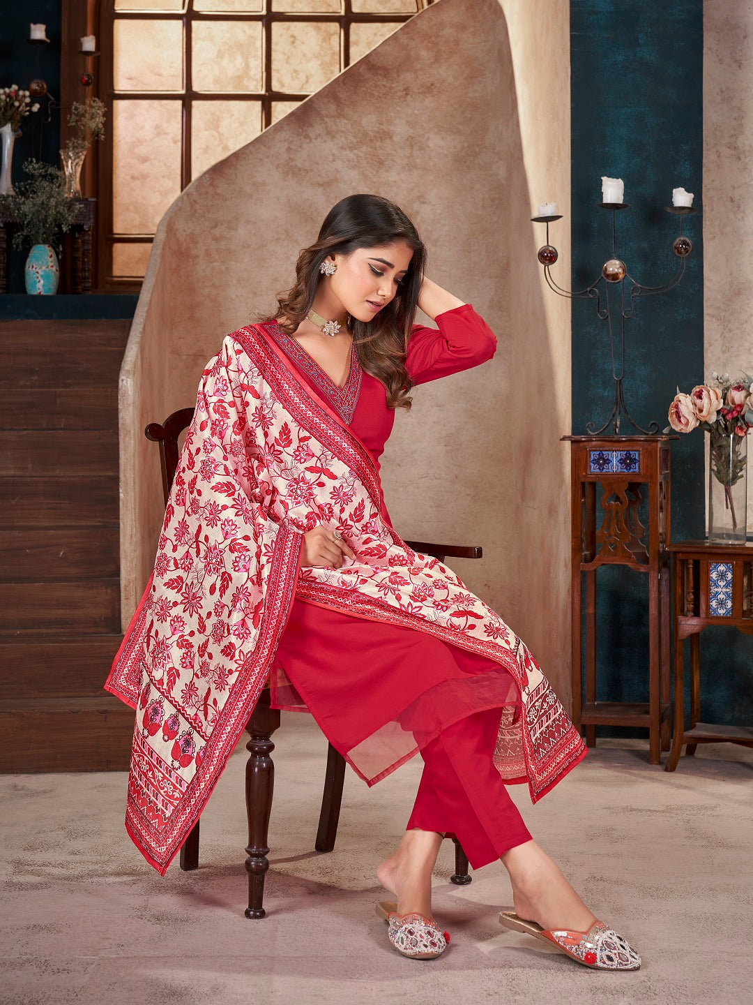 Red Solid & Embroidered Silk Straight Kurta Pant Dupatta Set (Pre-Order)