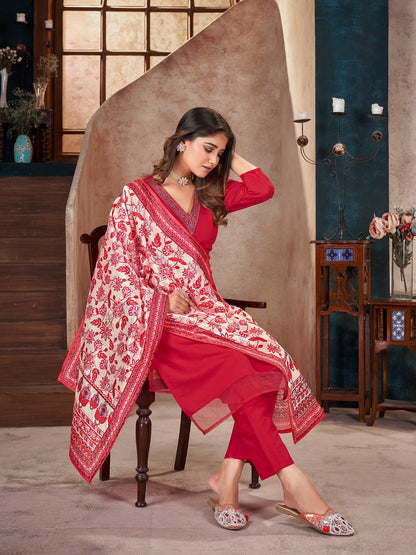 Red Solid & Embroidered Silk Straight Kurta Pant Dupatta Set (Pre-Order)
