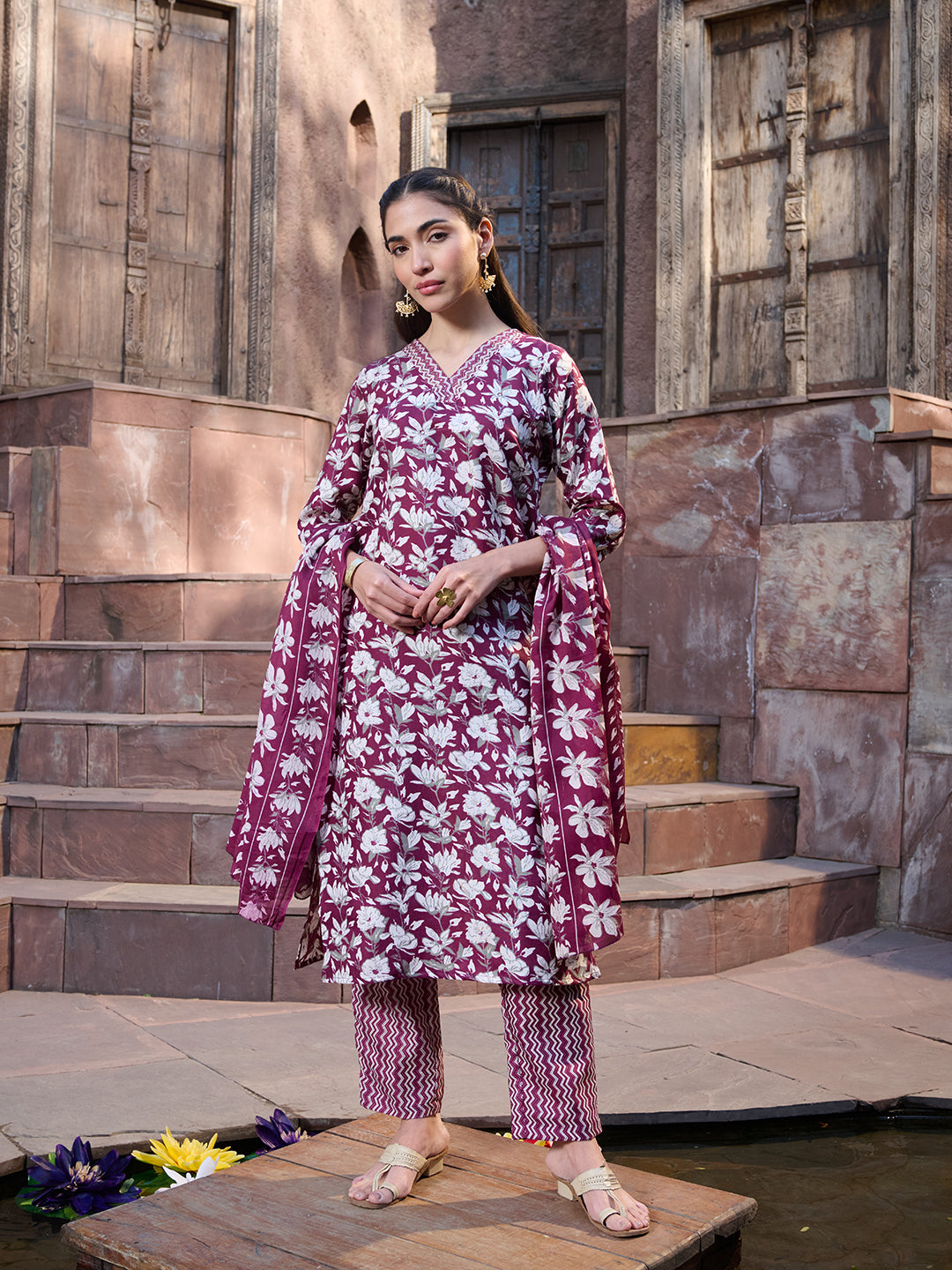 Red Ethnic Printed Cotton Blend Straight Kurta Pant Dupatta Set (Pre-Order)