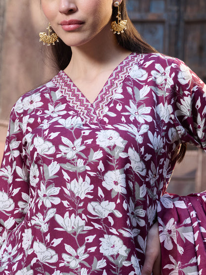 Red Ethnic Printed Cotton Blend Straight Kurta Pant Dupatta Set
