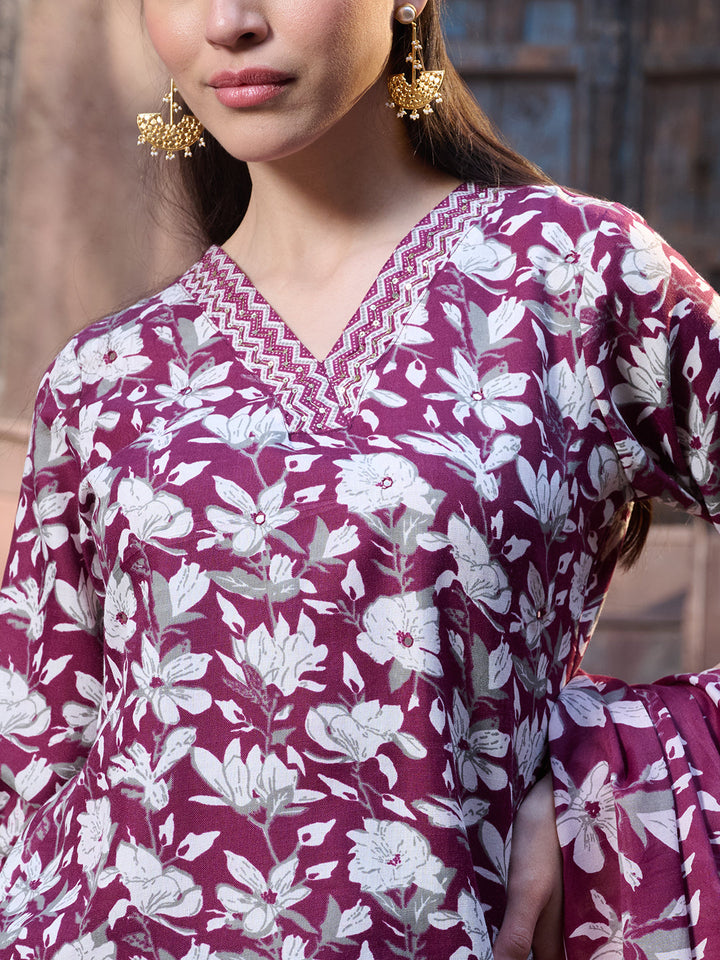Red Ethnic Printed Cotton Blend Straight Kurta Pant Dupatta Set