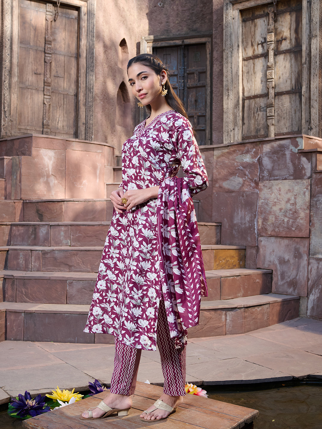 Red Ethnic Printed Cotton Blend Straight Kurta Pant Dupatta Set