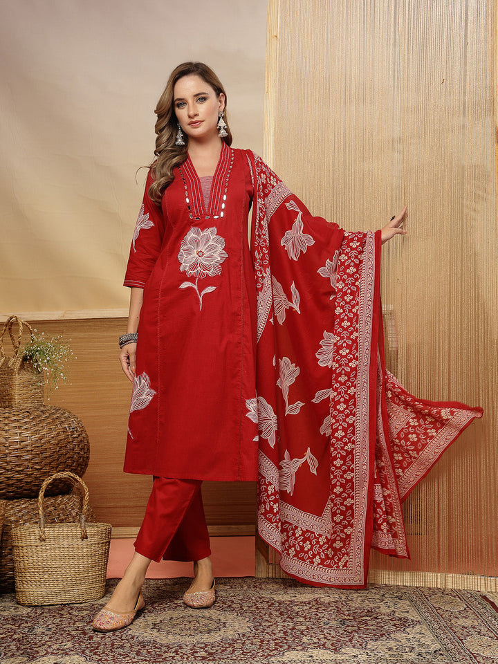 Solid &amp; Embroidered Cotton A-Line Kurta Pant Dupatta Set