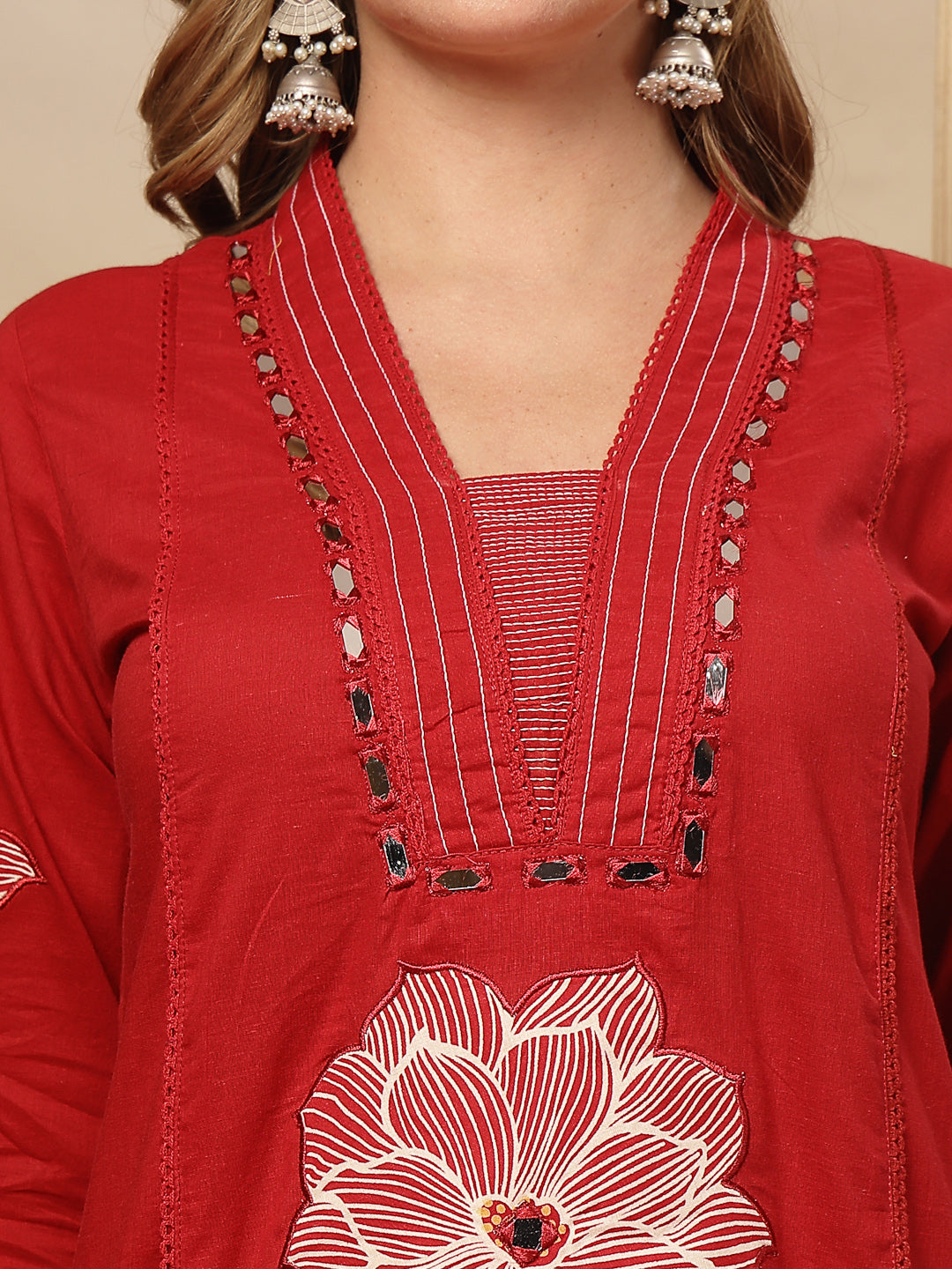 Solid &amp; Embroidered Cotton A-Line Kurta Pant Dupatta Set