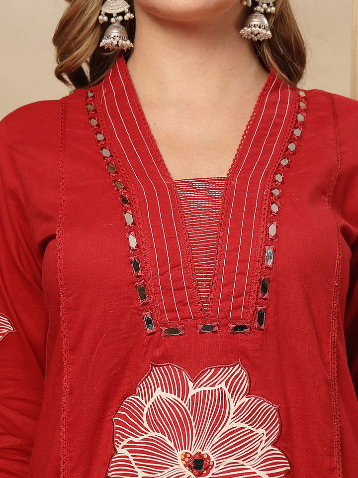Solid &amp; Embroidered Cotton A-Line Kurta Pant Dupatta Set