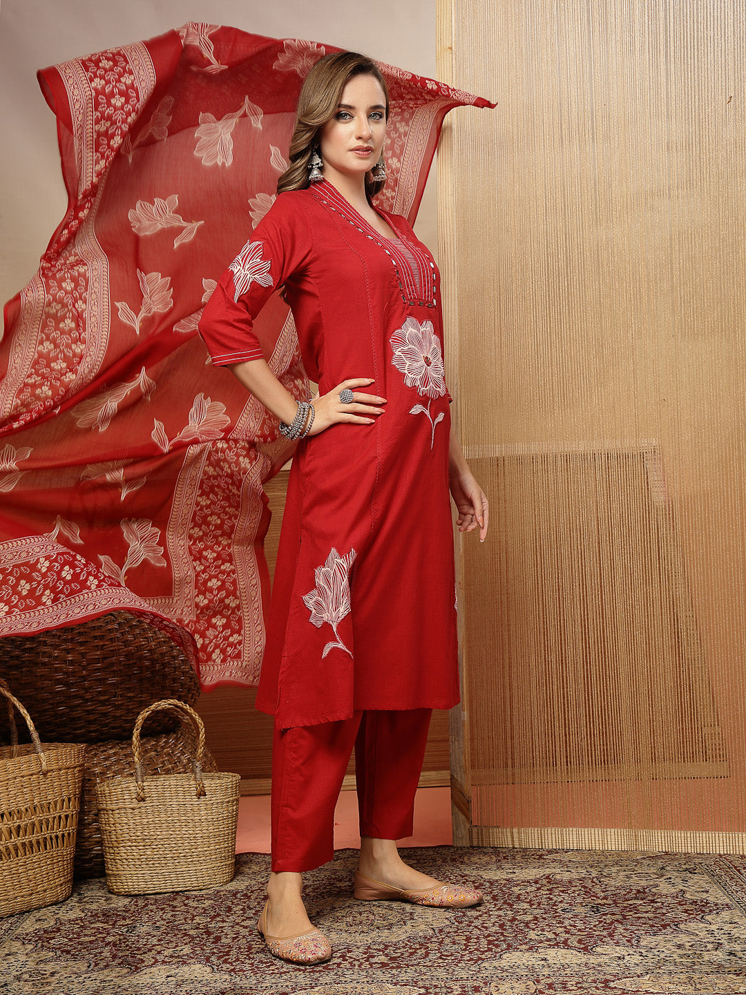 Solid &amp; Embroidered Cotton A-Line Kurta Pant Dupatta Set