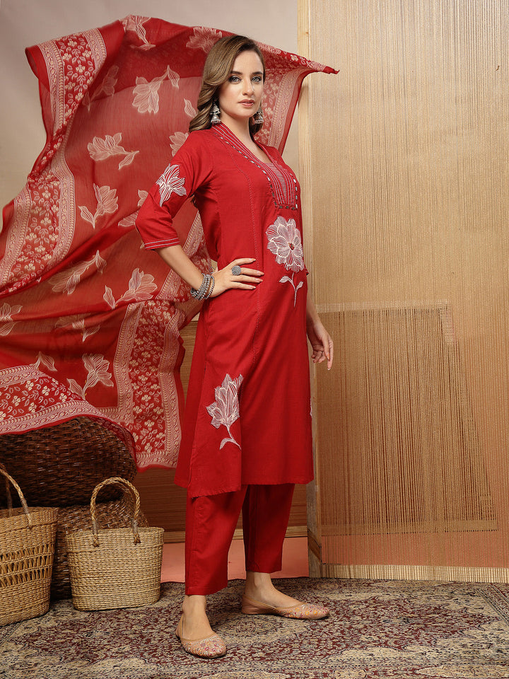 Solid &amp; Embroidered Cotton A-Line Kurta Pant Dupatta Set