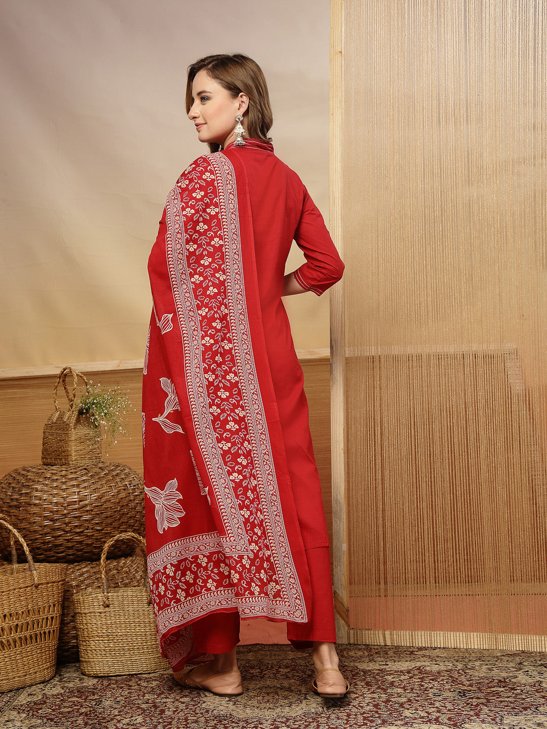 Solid &amp; Embroidered Cotton A-Line Kurta Pant Dupatta Set