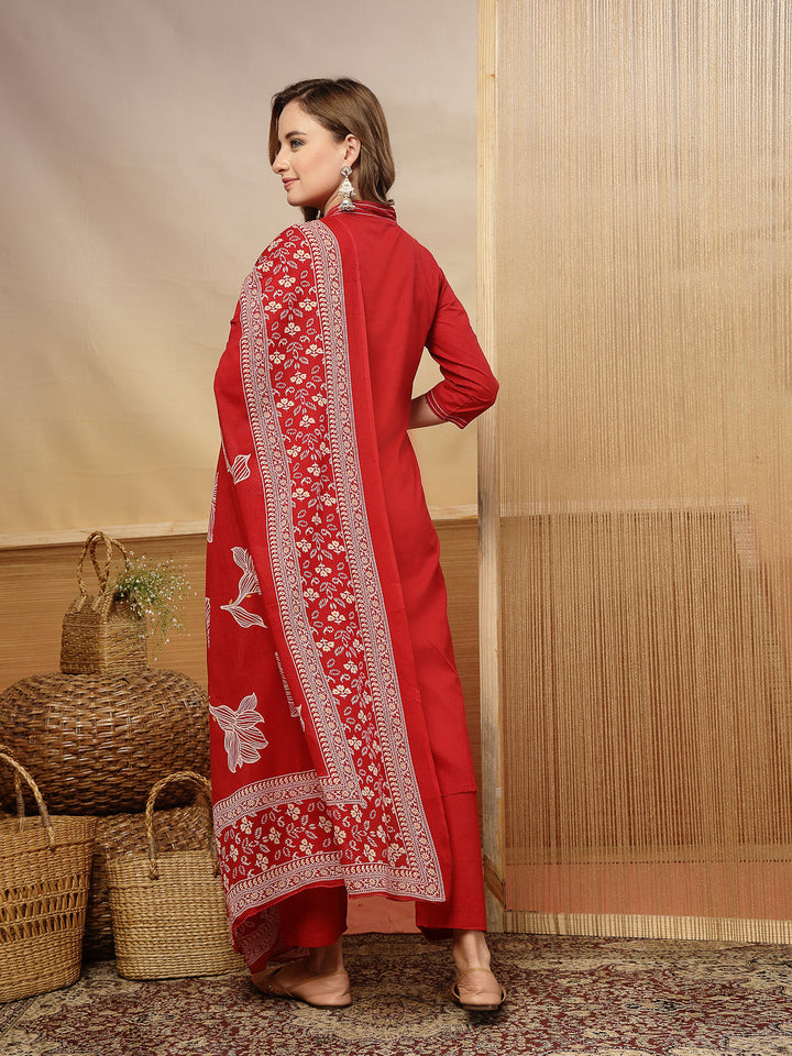 Solid &amp; Embroidered Cotton A-Line Kurta Pant Dupatta Set