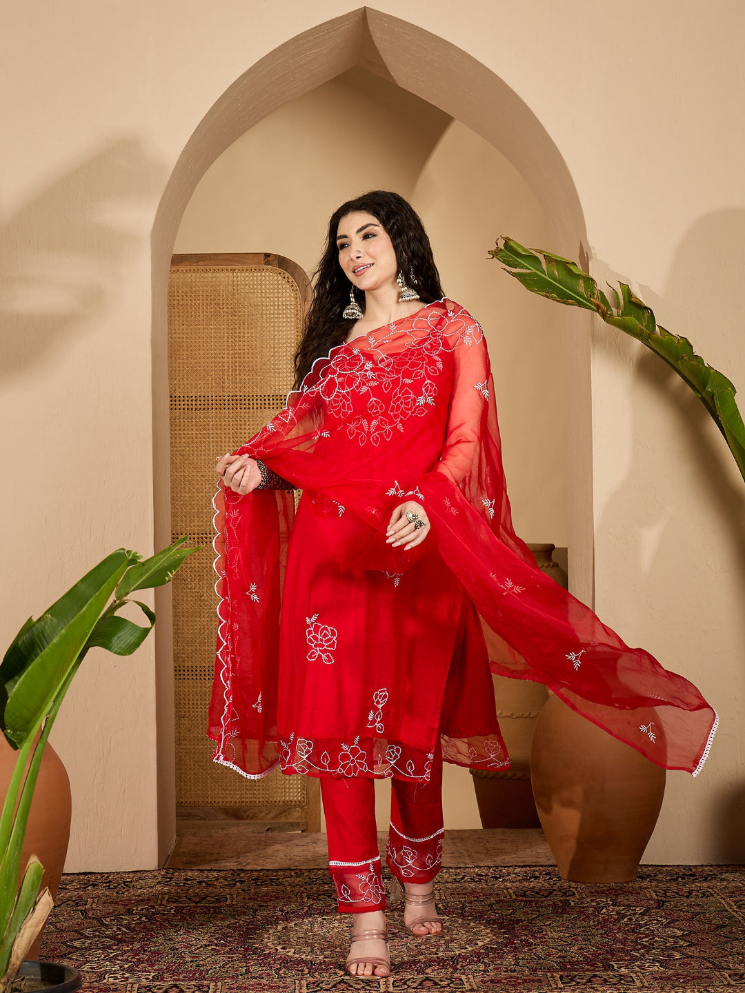 Women's Red Solid & Embroidered Organza Straight Kurta Pant Dupatta Set