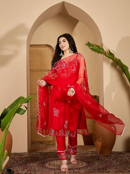 Women's Red Solid & Embroidered Organza Straight Kurta Pant Dupatta Set