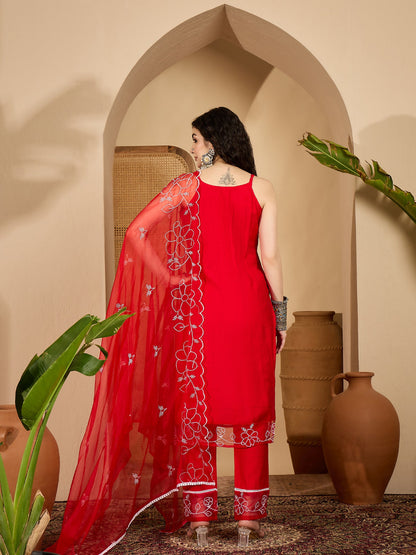 Women's Red Solid & Embroidered Organza Straight Kurta Pant Dupatta Set