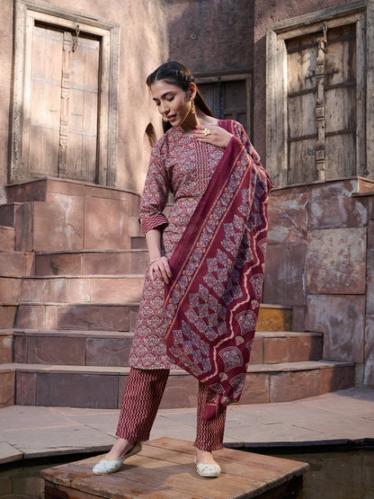 Red Ethnic Printed Cotton Straight Kurta Pant Dupatta Set