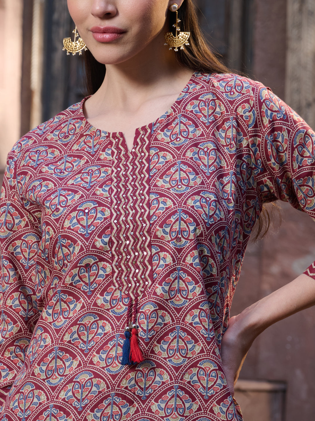 Red Ethnic Printed Cotton Straight Kurta Pant Dupatta Set