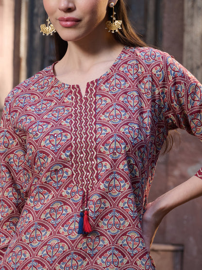 Red Ethnic Printed Cotton Straight Kurta Pant Dupatta Set