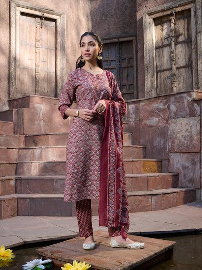 Red Ethnic Printed Cotton Straight Kurta Pant Dupatta Set