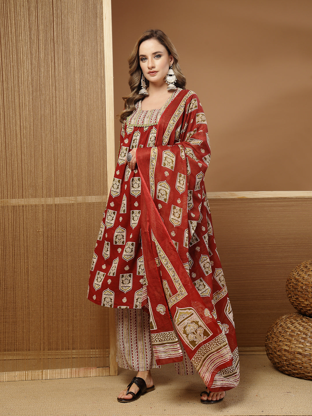 Ajrakh Printed Cotton A-Line Kurta Palazzo Dupatta Set