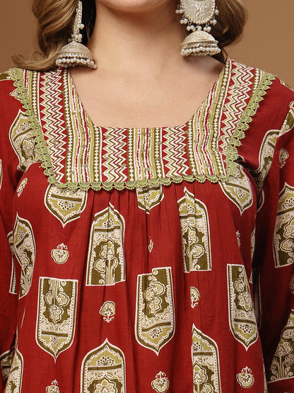 Ajrakh Printed Cotton A-Line Kurta Palazzo Dupatta Set