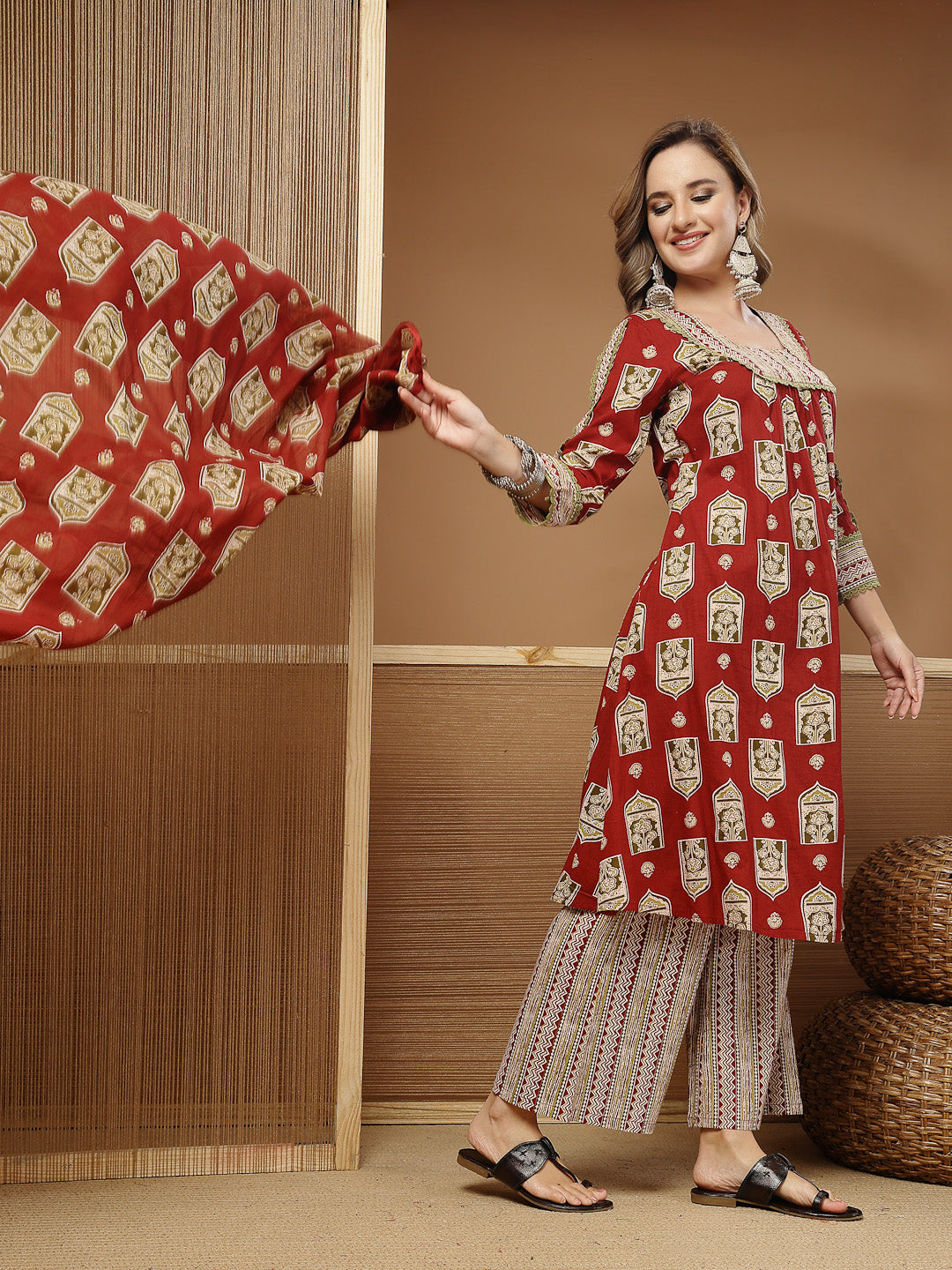 Ajrakh Printed Cotton A-Line Kurta Palazzo Dupatta Set