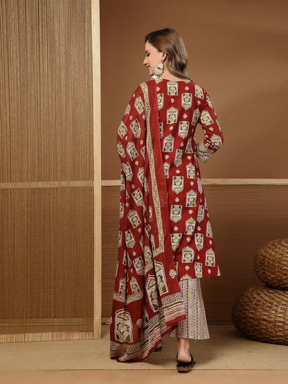 Ajrakh Printed Cotton A-Line Kurta Palazzo Dupatta Set