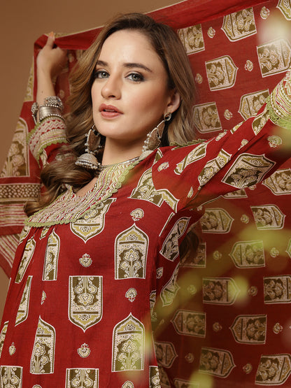 Ajrakh Printed Cotton A-Line Kurta Palazzo Dupatta Set