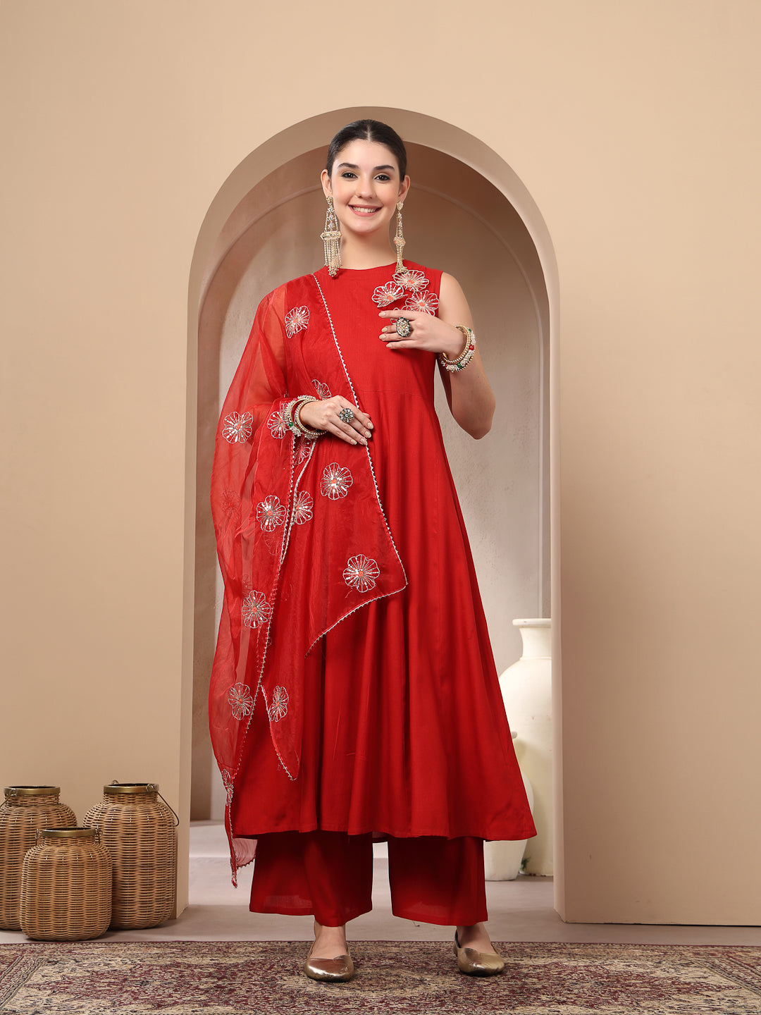 Red Solid & Embellished Rayon Flared Kurta Palazzo Dupatta Set