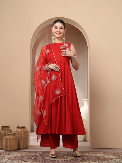 Red Solid & Embellished Rayon Flared Kurta Palazzo Dupatta Set