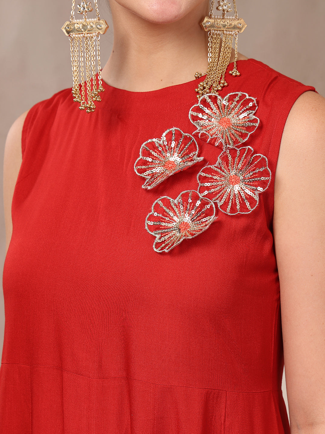 Red Solid & Embellished Rayon Flared Kurta Palazzo Dupatta Set