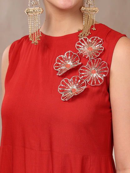 Red Solid & Embellished Rayon Flared Kurta Palazzo Dupatta Set