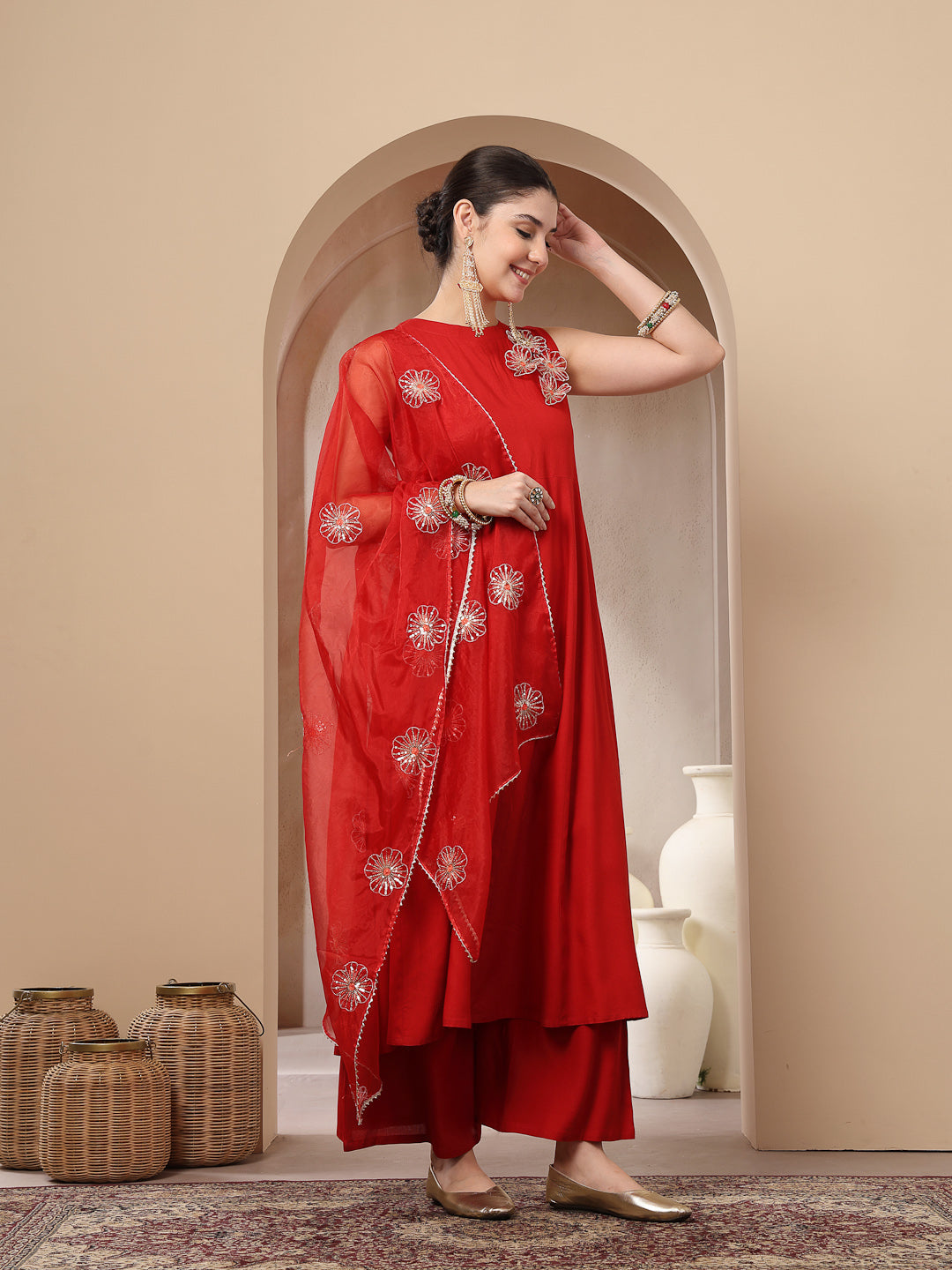 Red Solid & Embellished Rayon Flared Kurta Palazzo Dupatta Set