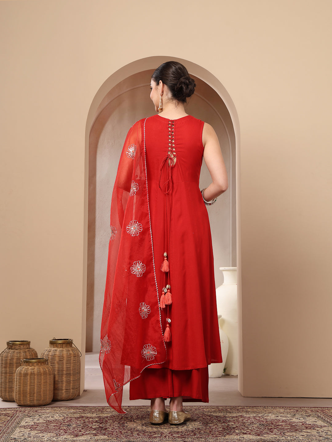 Red Solid & Embellished Rayon Flared Kurta Palazzo Dupatta Set