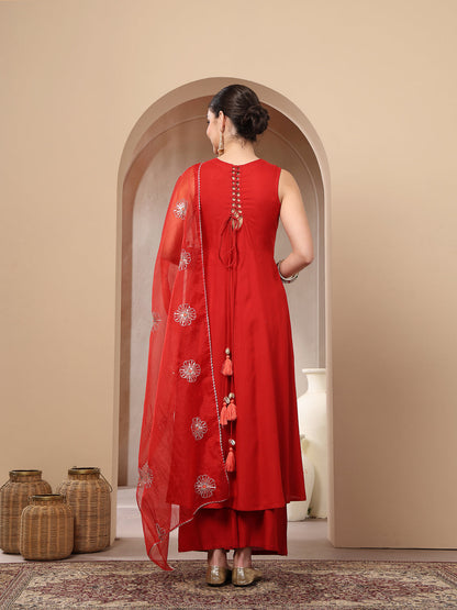 Red Solid & Embellished Rayon Flared Kurta Palazzo Dupatta Set